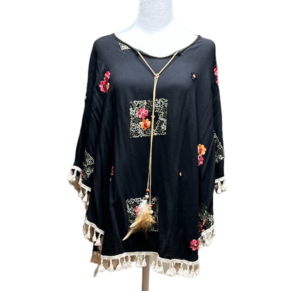 Anandas black floral embroidered poncho wrap bead feather ties tassels one size